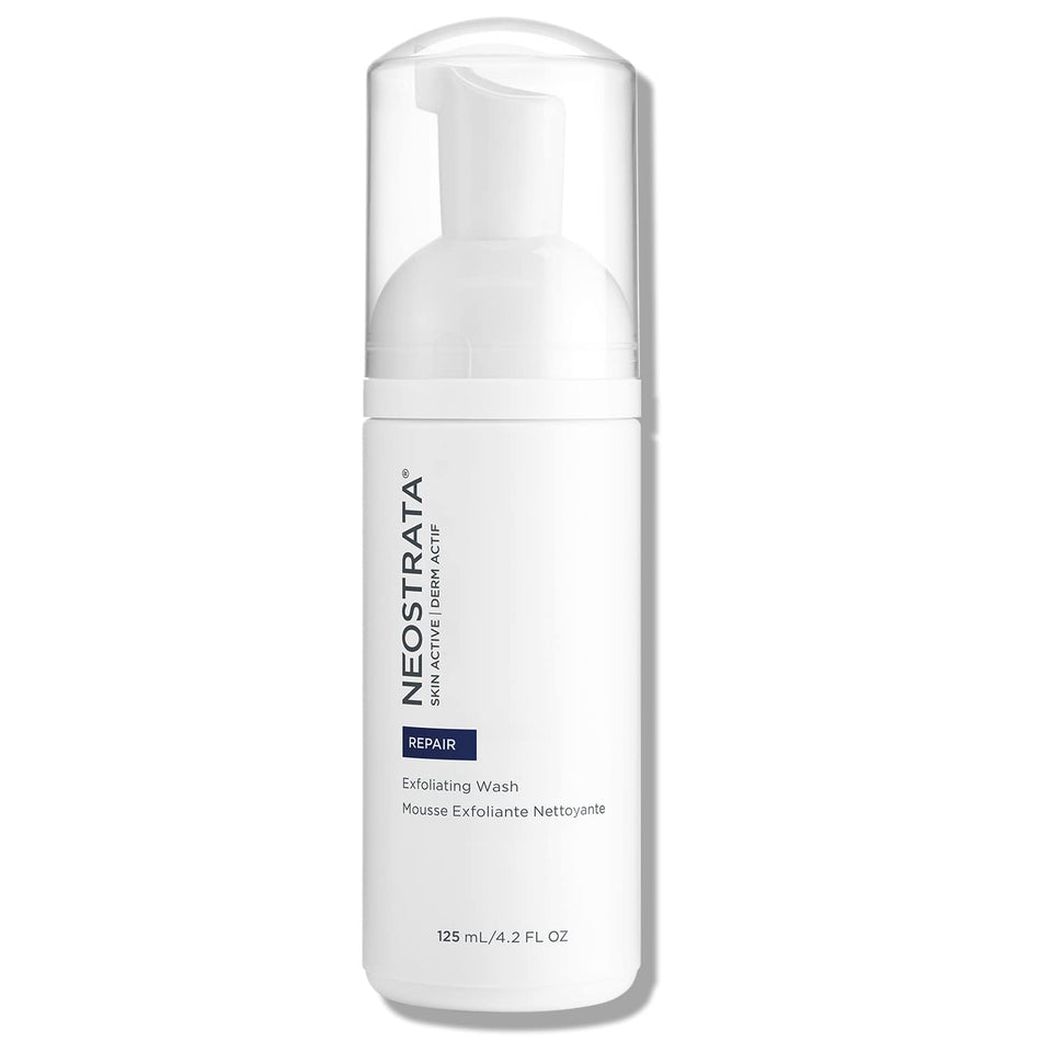 NEOSTRATA Exfoliating Wash bottle pour demonstrates fragrance-free cleansing for all skin types.