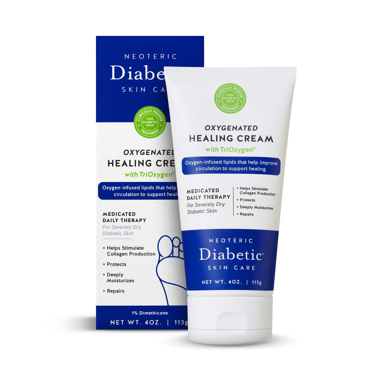 Neoteric Diabetic Oxygenated Healing Cream jar for deeply hydrated, non-greasy relief.