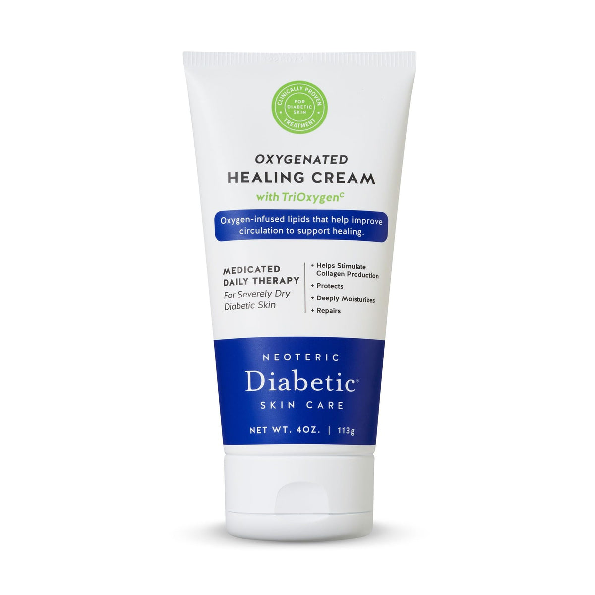 Label closeup of Neoteric Diabetic Oxygenated Healing Cream and its medicated formula.