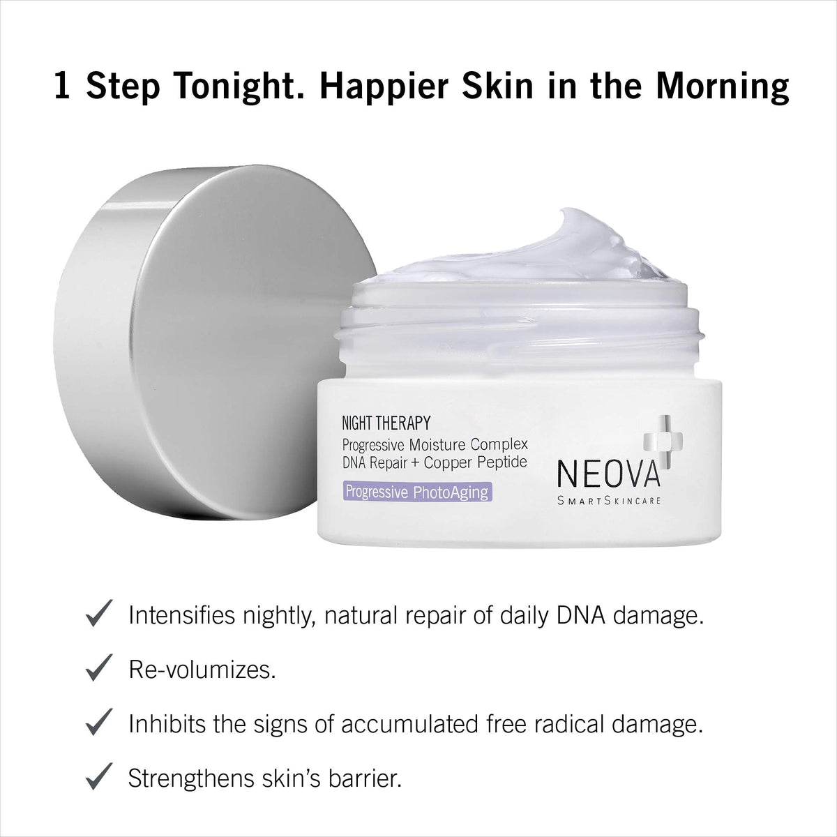 NEOVA Night Therapy Moisturizer jar closeup highlights copper peptide complex