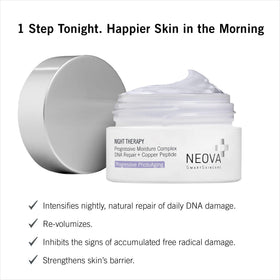NEOVA Night Therapy Moisturizer jar closeup highlights copper peptide complex