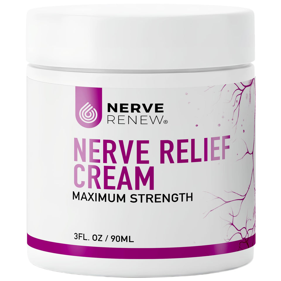 NERVE RENEW fast-acting cream jar shows target area for comfort and easy application