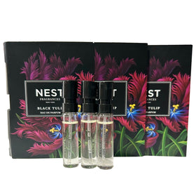 NEST Black Tulip packaging with three vials, compact travel set.