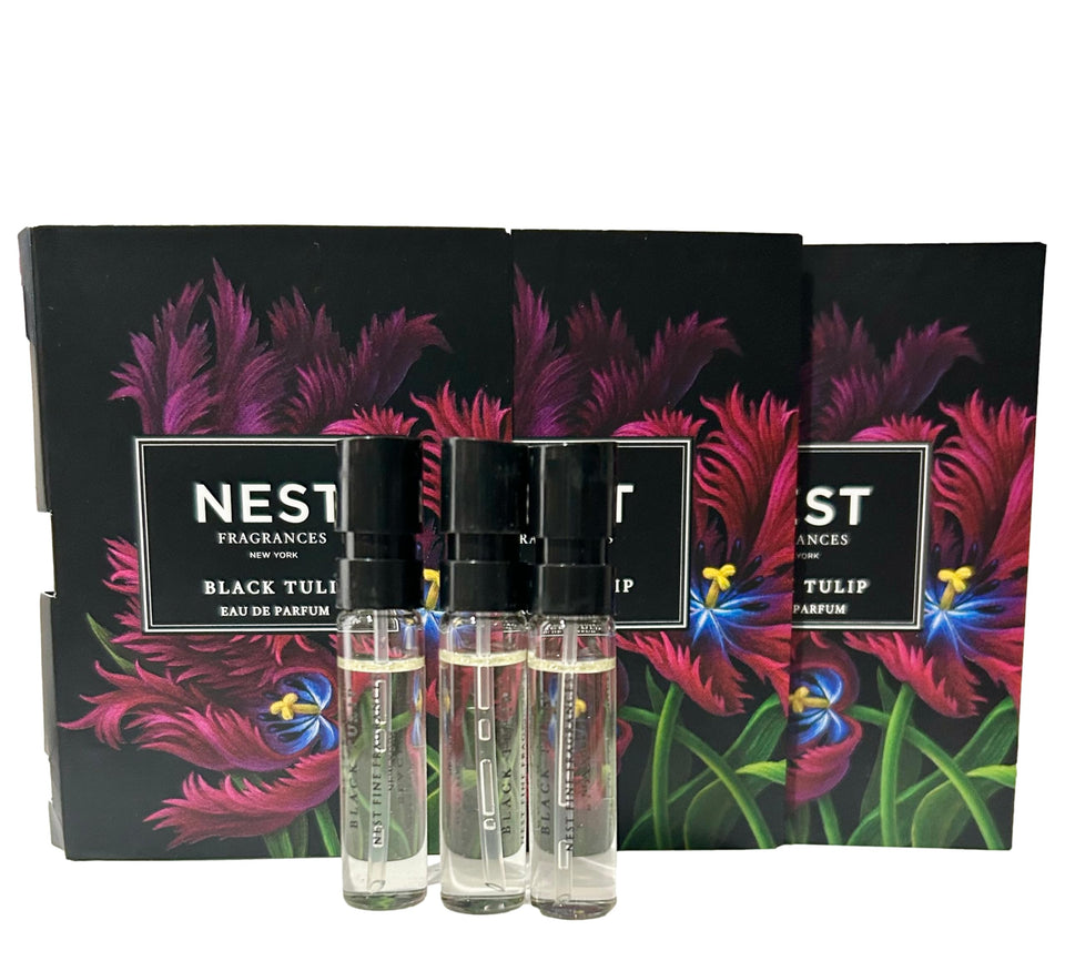 NEST Black Tulip sample perfume trio, travel-friendly vials for on-the-go testing.
