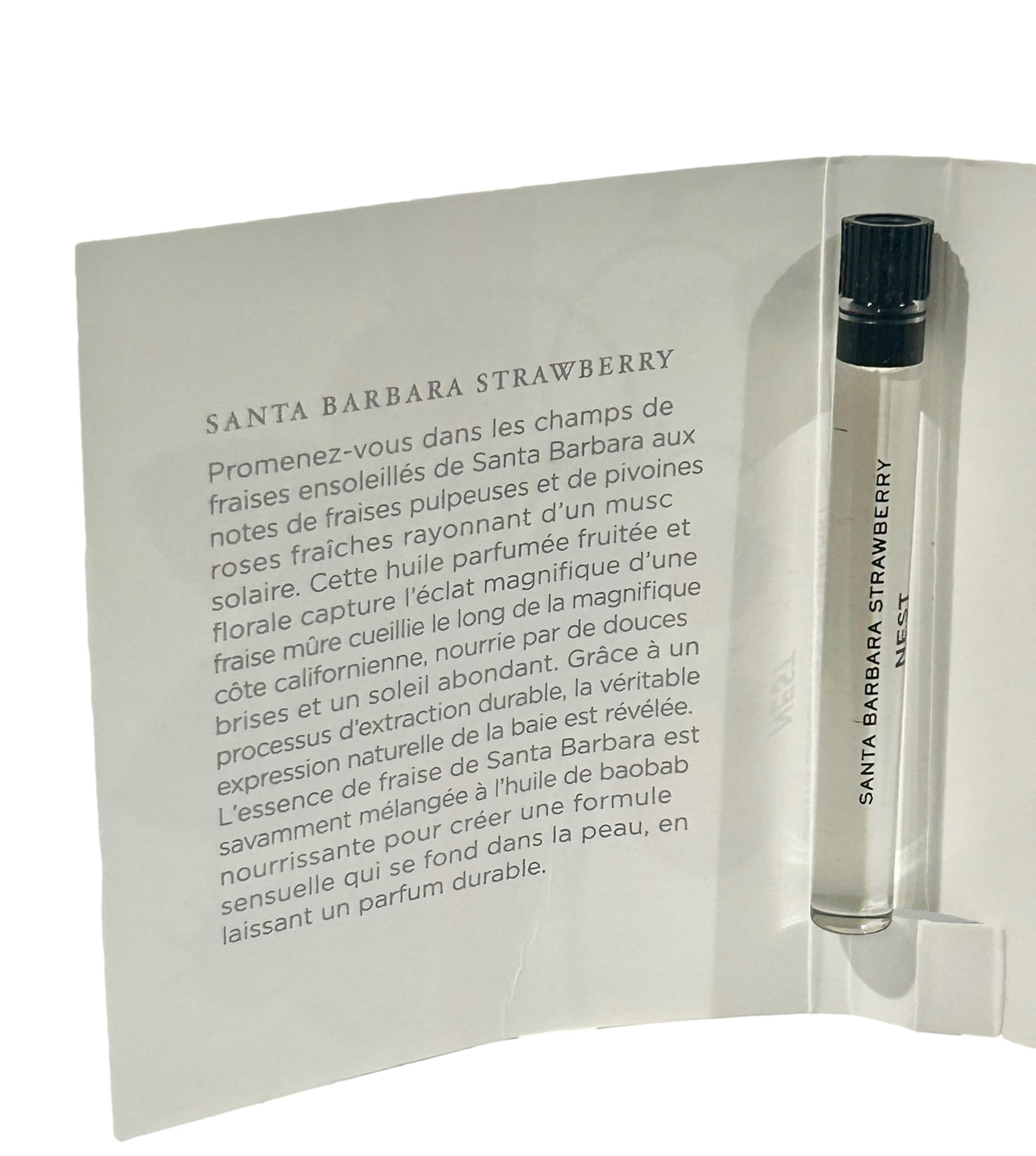 NEST Santa Barbara Strawberry fragrance label on amber vial ideal for travel sampling