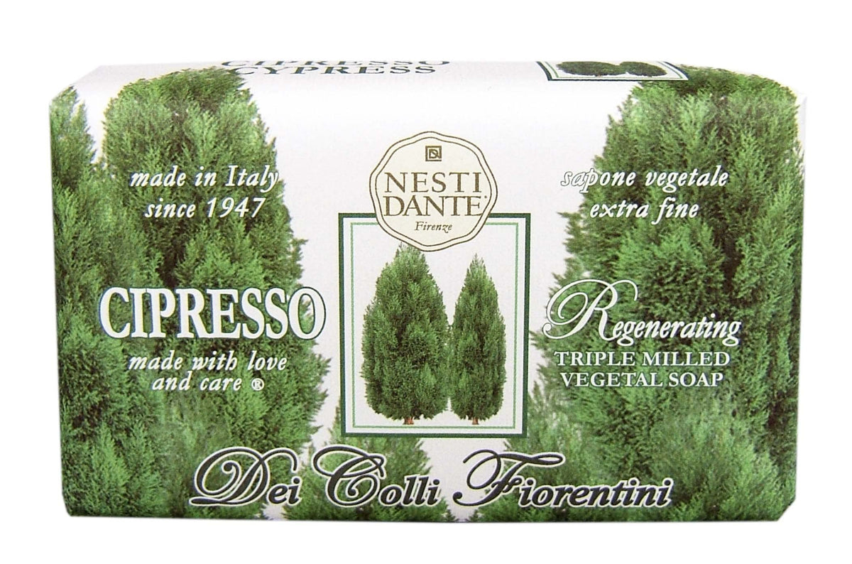 Nesti Dante Cypress Tree Soap bar close-up with lush lather and fragrance.