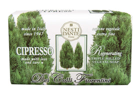 Nesti Dante Cypress Tree Soap bar close-up with lush lather and fragrance.
