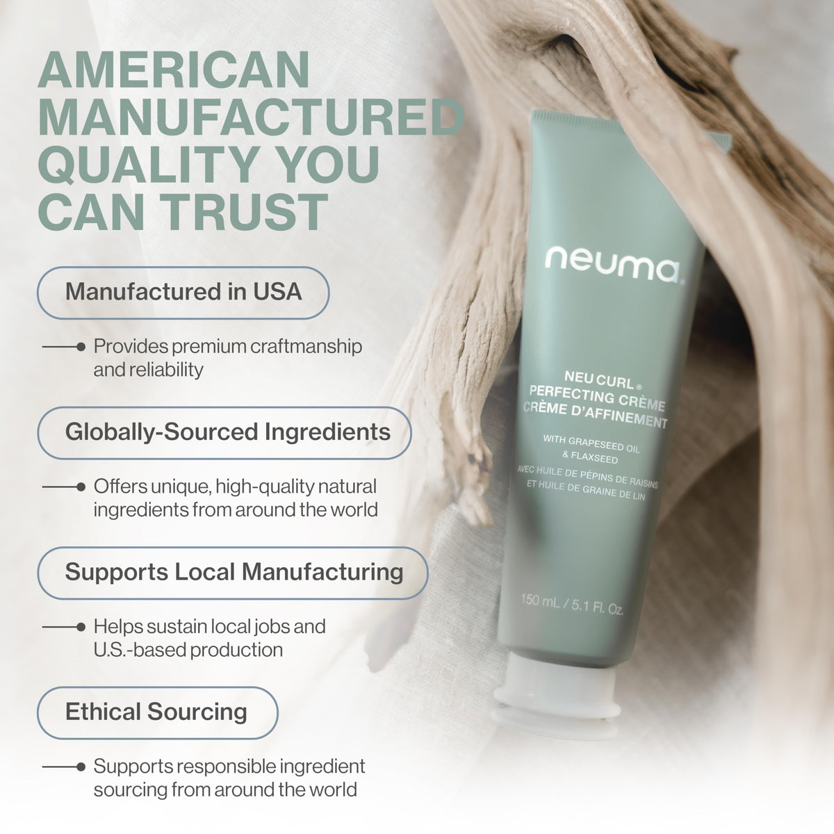 Chia seed imagery with NEUMA Neu Curl Perfecting Creme ingredient visuals.