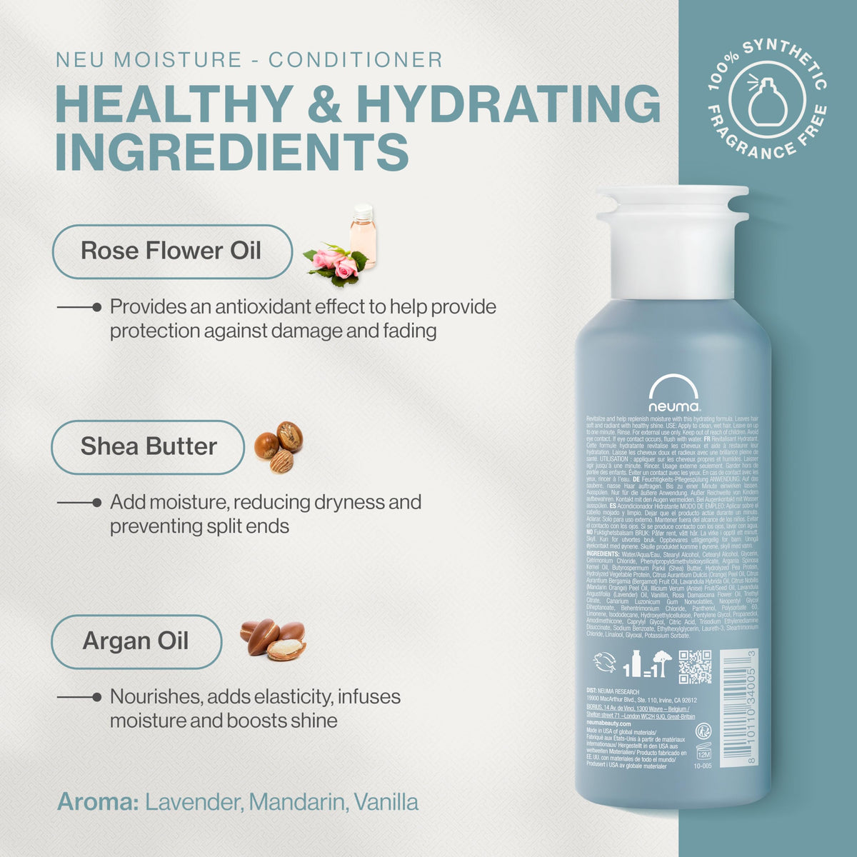 Neuma Neu Moisture Conditioner label highlights vegan and sulfate-free formula.