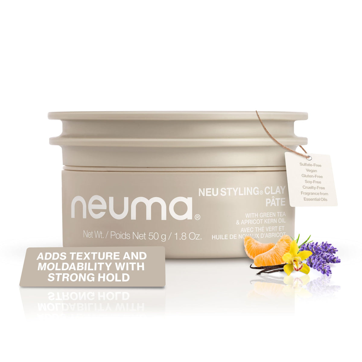 NEUMA Neu Styling Hair Clay bottle front view, showing strong hold and lavender scent.