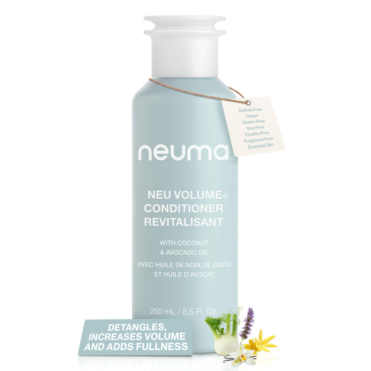NEUMA Neu Volume Conditioner bottle close-up highlighting lightweight formula for fine hair