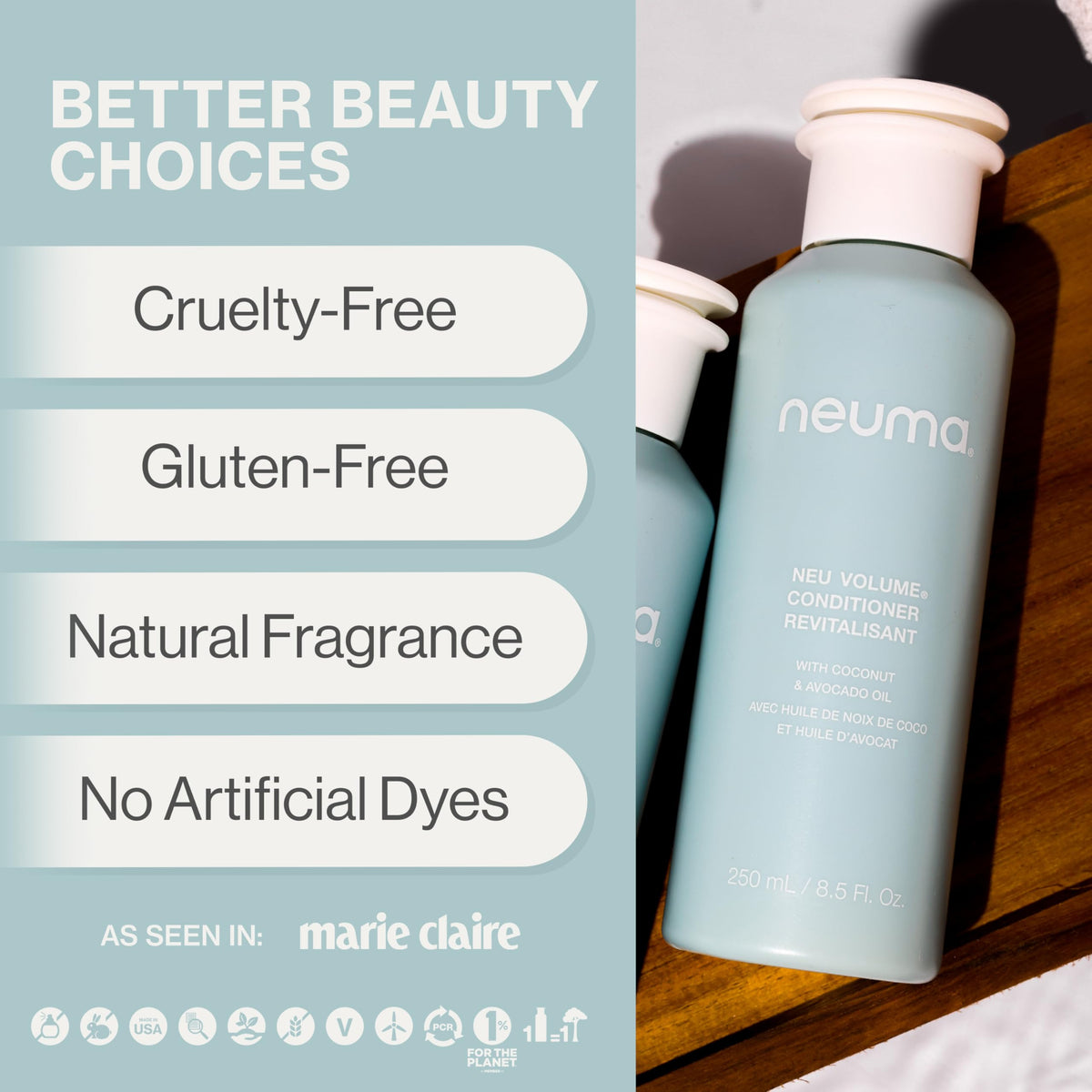 NEUMA Neu Volume Conditioner label detail emphasizes vegan and sulfate-free promise