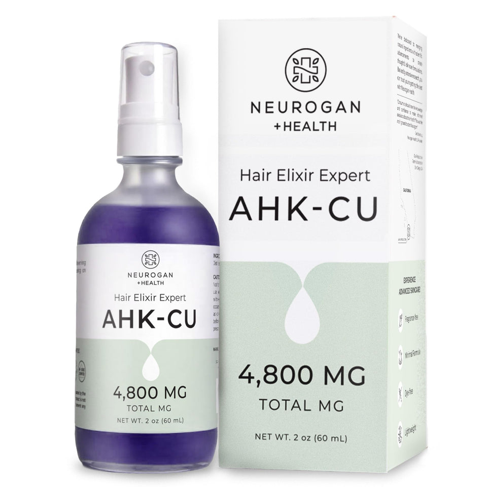 Neurogan AHK-Cu Hair Elixir bottle closeup for lightweight scalp care.