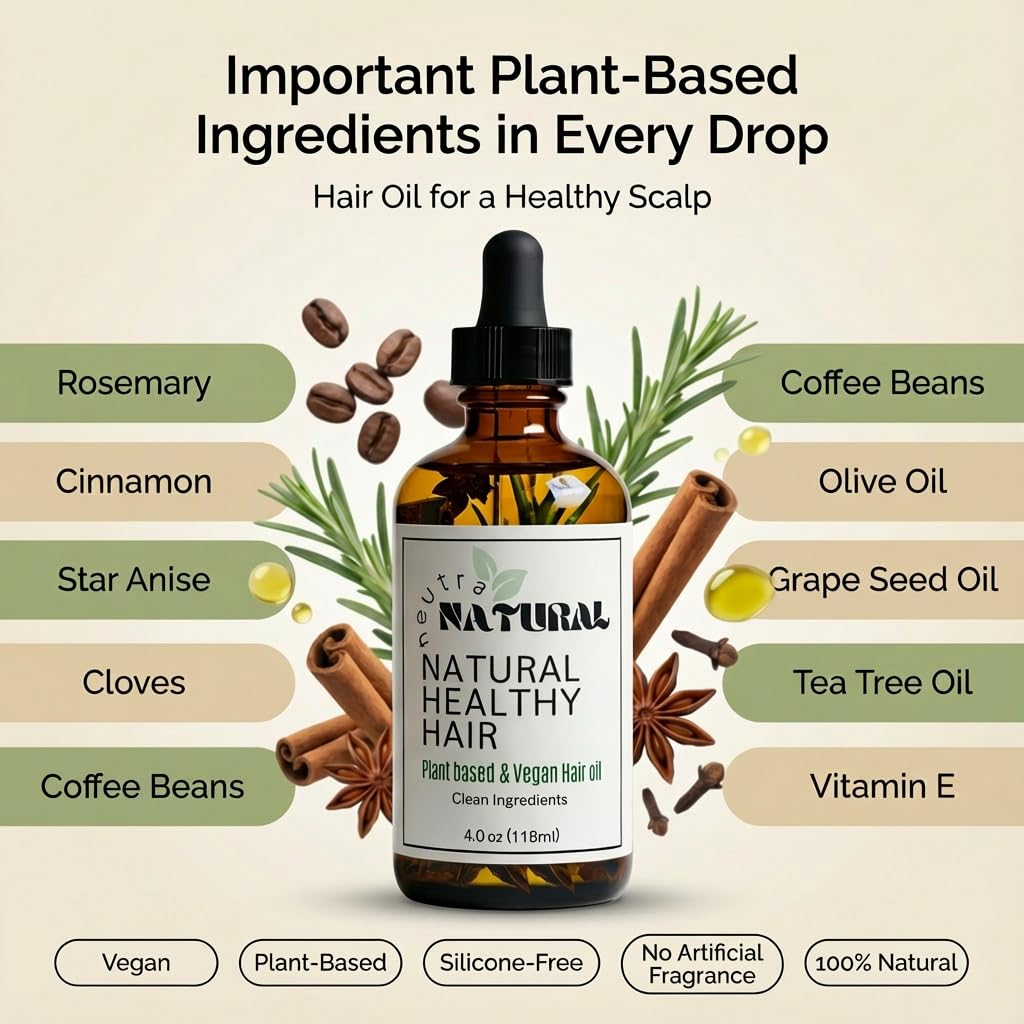 Neutra Natural Rosemary Hair Growth Oil bottle with screw-top cap, clean vegan formula.