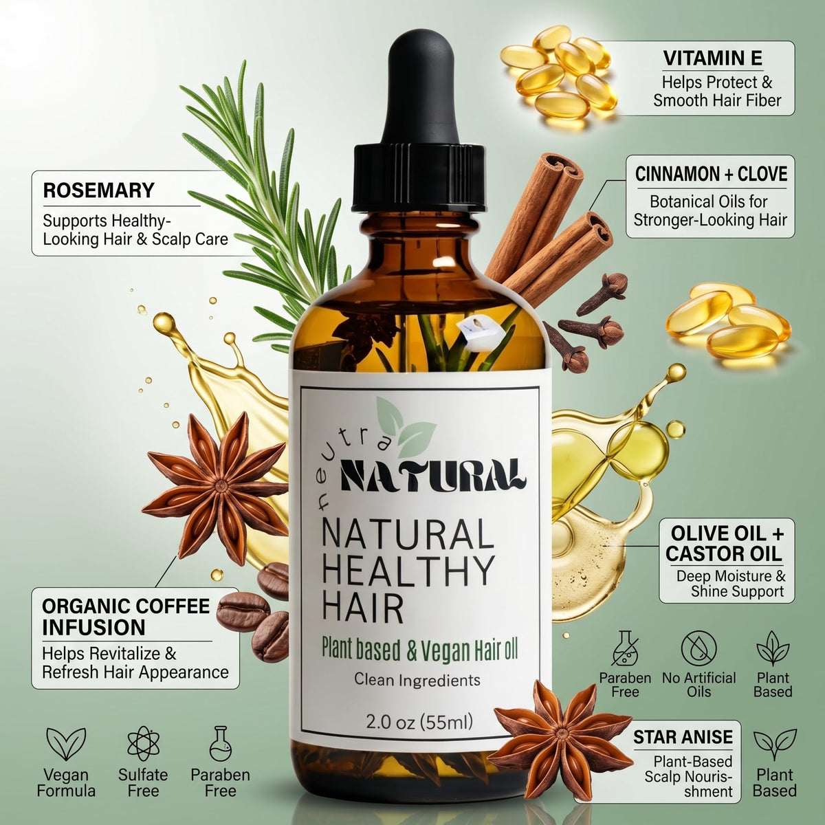 Neutra Natural Rosemary Hair Growth Oil on hair strands delivers shine without residue.