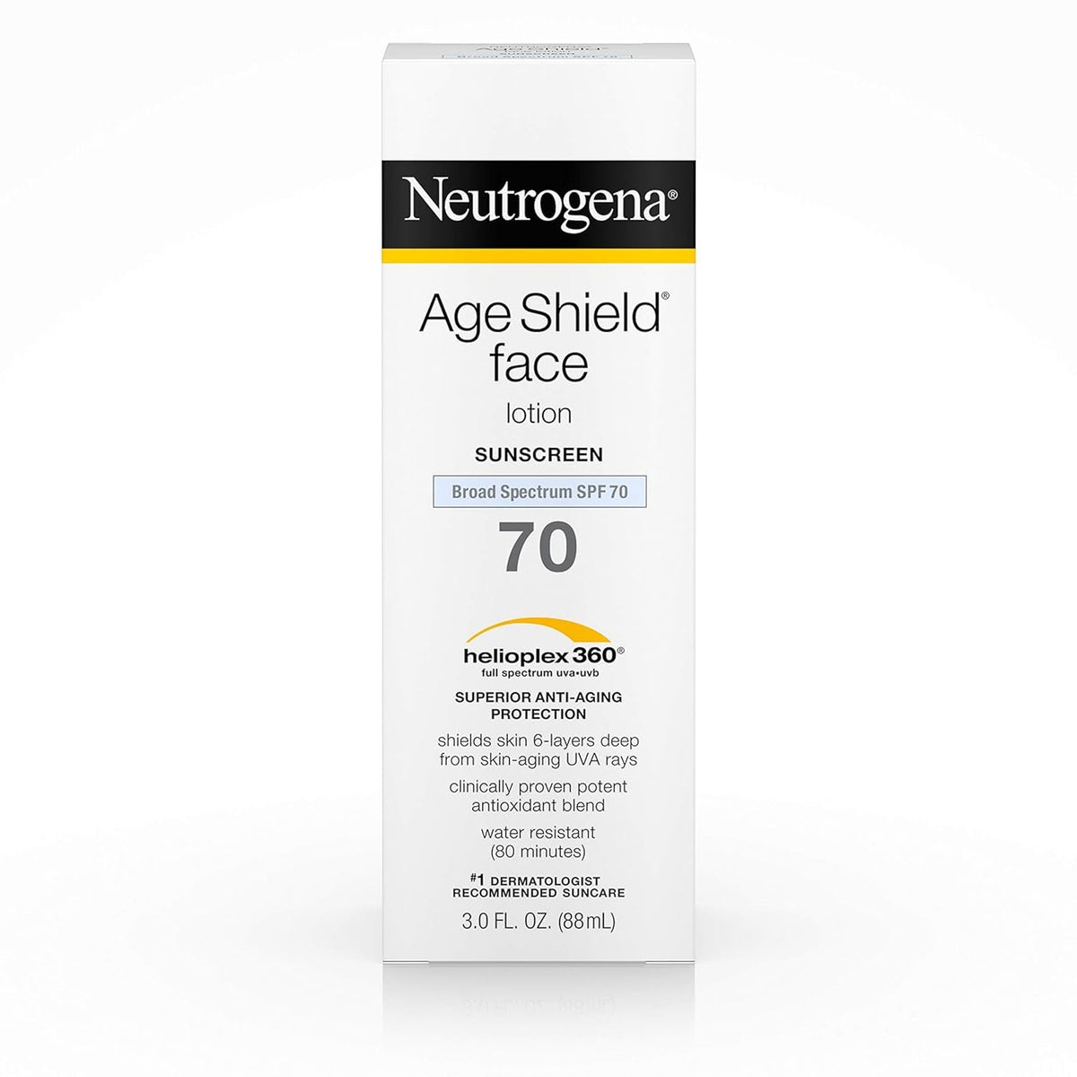 Neutrogena Age Shield SPF 70 bottle front for daily, oil-free sun protection.