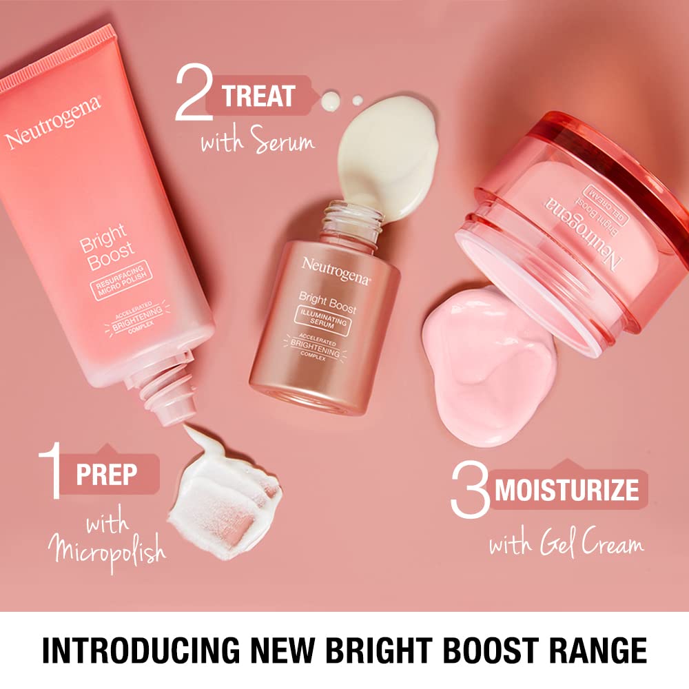 Neutrogena Bright Boost Serum closeup texture reveals smooth skin prep for mornings.