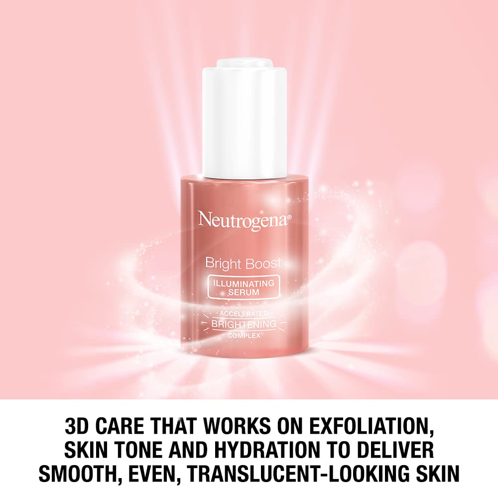 Neutrogena Bright Boost Serum neo-glucosamine highlights surface renewal for even tone.