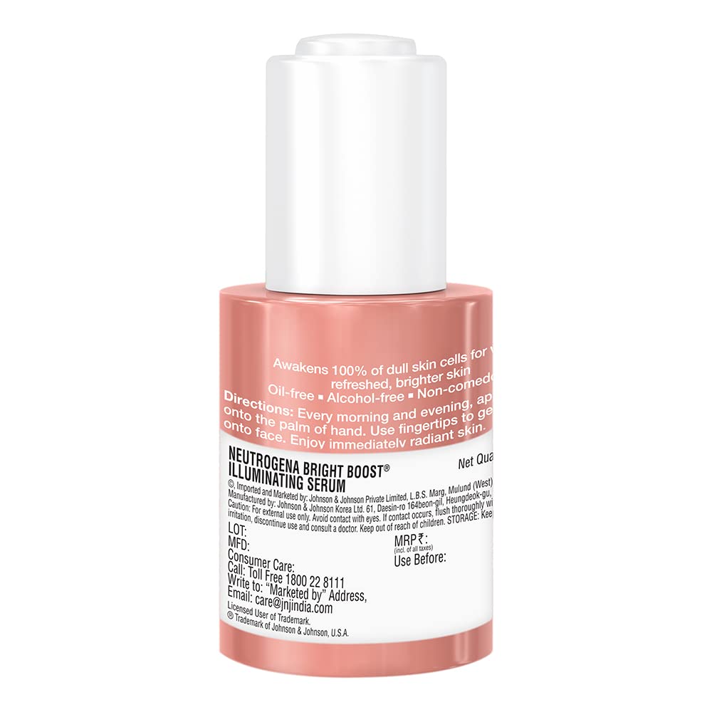 Neutrogena Bright Boost Serum pump controls application for brighter, smoother skin.