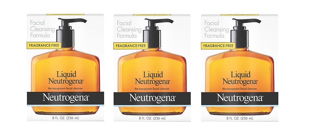 Neutrogena Liquid Facial Cleansing Formula bottle being poured; fragrance-free and gentle for sensitive skin.