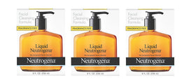 Neutrogena Liquid Facial Cleansing Formula bottle being poured; fragrance-free and gentle for sensitive skin.