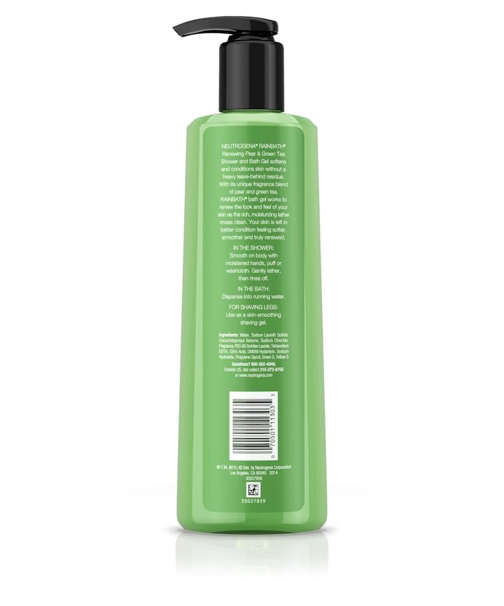 Neutrogena Rainbath Renewing body-softness splash demonstrates soft, refreshed skin after shower.