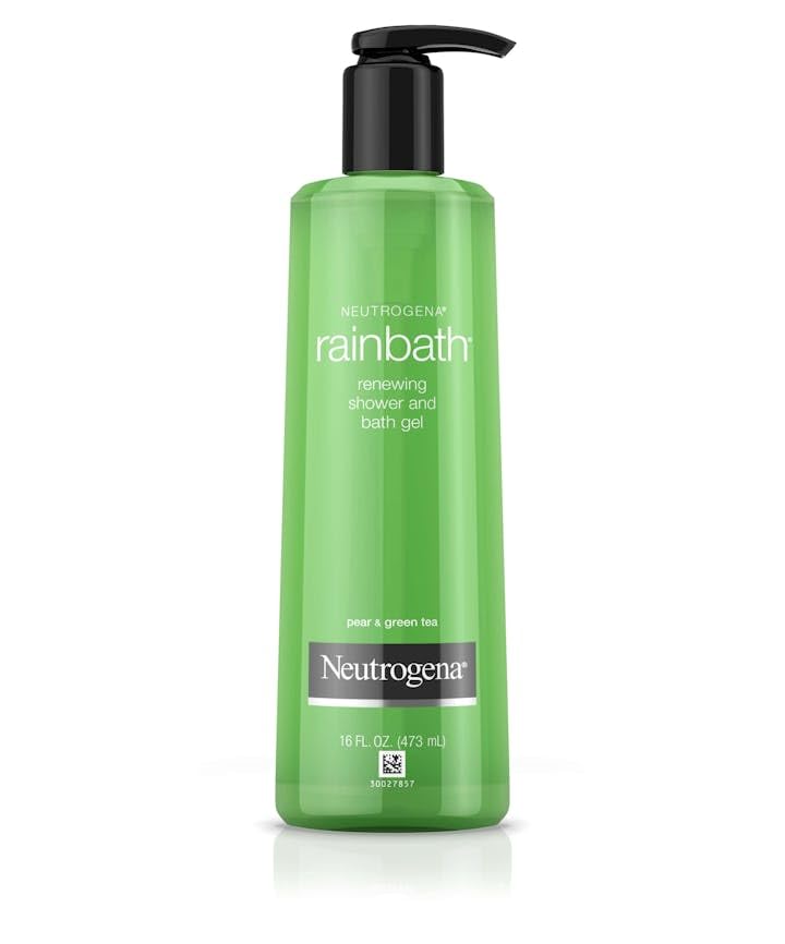 Neutrogena Rainbath Renewing bottle pour shows pear-green tea scent for refreshing skin cleanse.