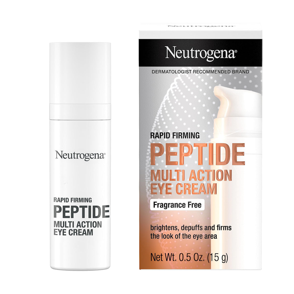 Neutrogena Rapid Firming Peptide Eye Cream bottle close-up for hydration and depuffing