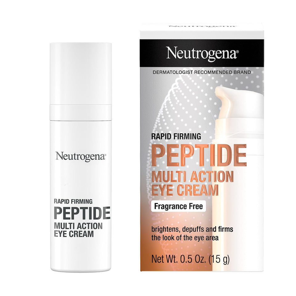 Neutrogena Rapid Firming Peptide Eye Cream bottle close-up for hydration and depuffing
