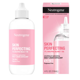 Neutrogena Skin Perfecting exfoliant bottle showing fragrance-free, hydrating daily use.