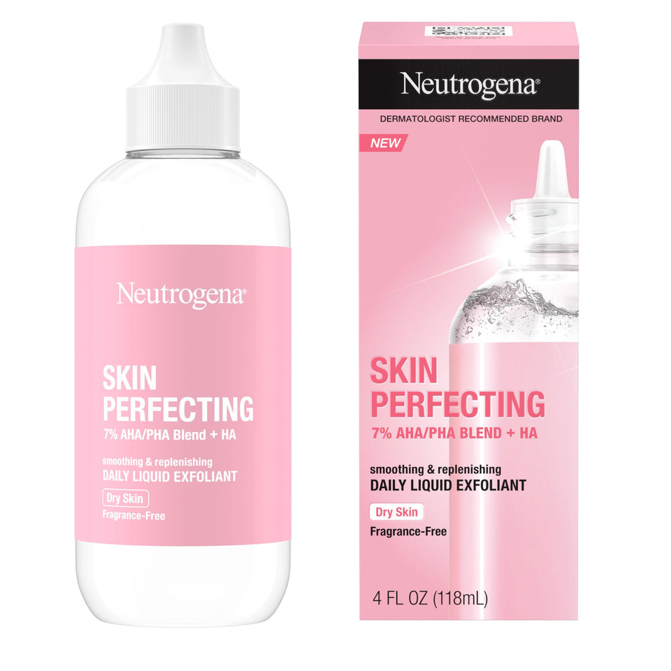Neutrogena Skin Perfecting exfoliant bottle showing fragrance-free, hydrating daily use.