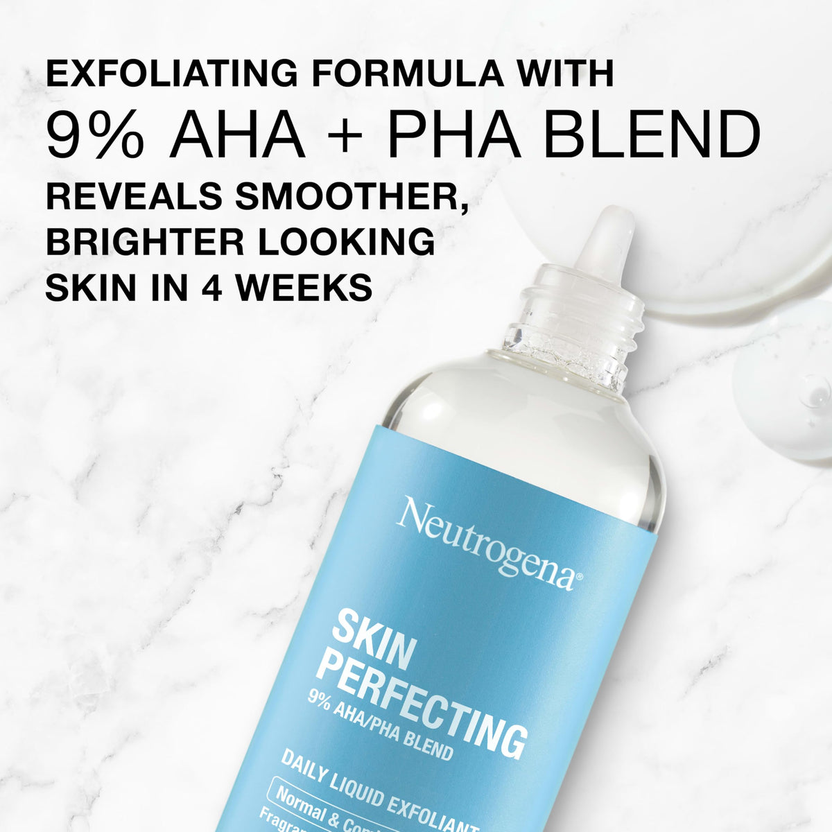 Neutrogena Skin Perfecting fragrance-free label communicates clean, irritation-free use.
