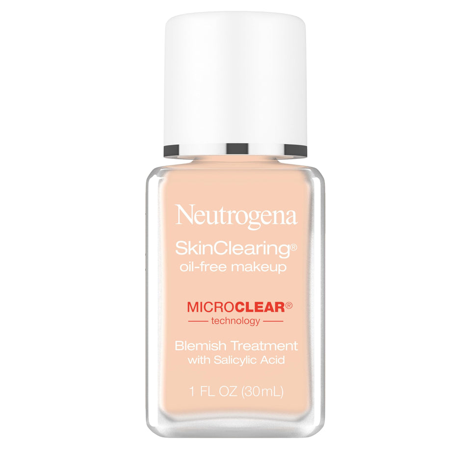Neutrogena SkinClearing foundation bottle pump demonstrates oil-free, breathable coverage