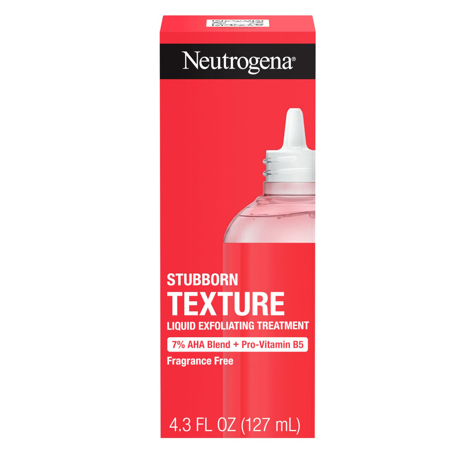 Neutrogena Stubborn Texture Exfoliant bottle on a bathroom shelf for a gentle skin refresh
