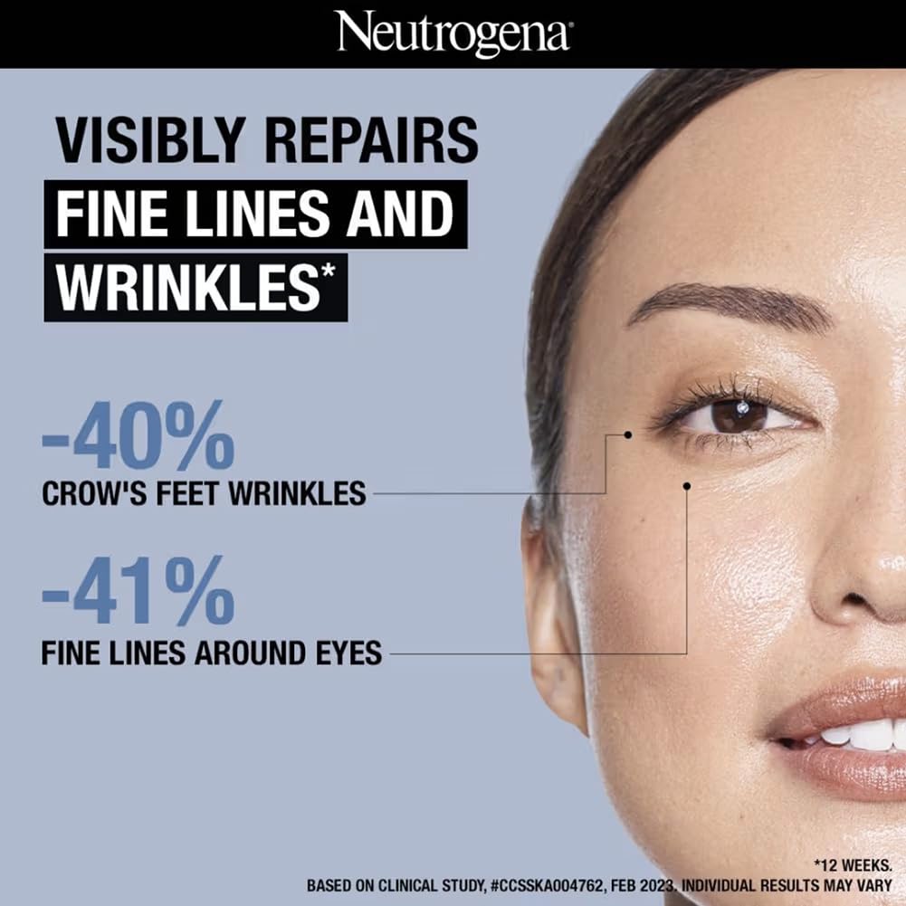 Neutrogena Visible Repair Eye Cream ingredients panel featuring peptide and retinol components