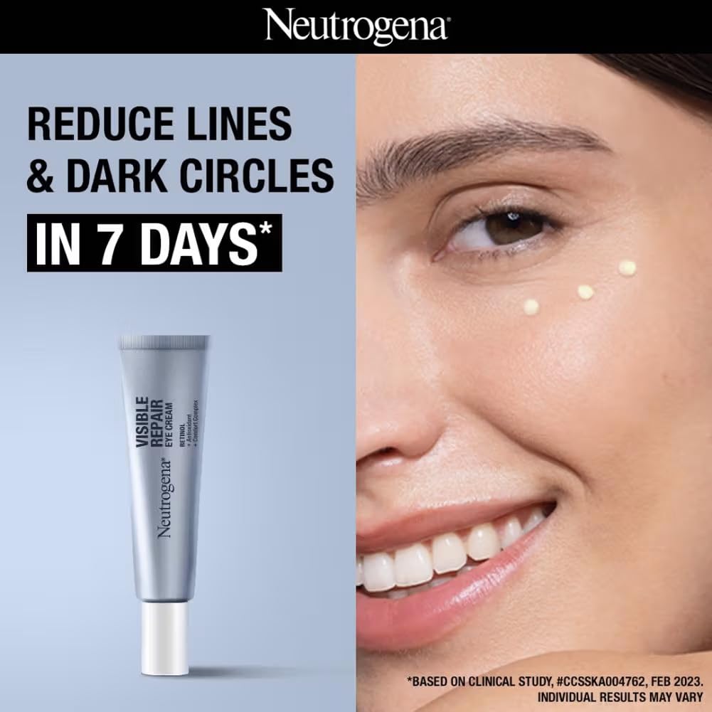 Neutrogena Visible Repair Eye Cream packaging front emphasizing compact 15 g design