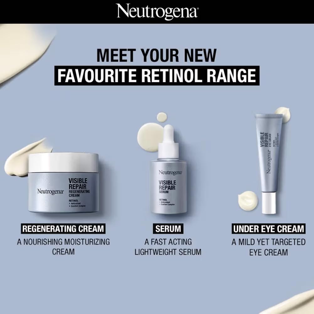 Neutrogena Visible Repair Eye Cream product shot with refined eye area appearance