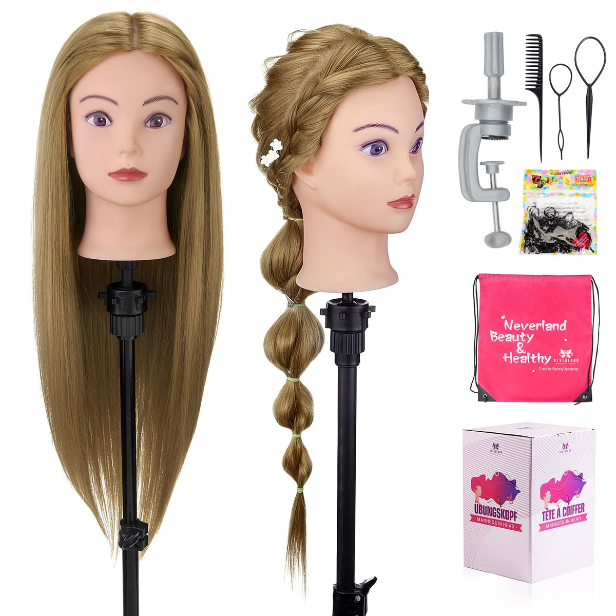 Neverland Beauty & Health 28-inch real-hair mannequin head for versatile styling practice.