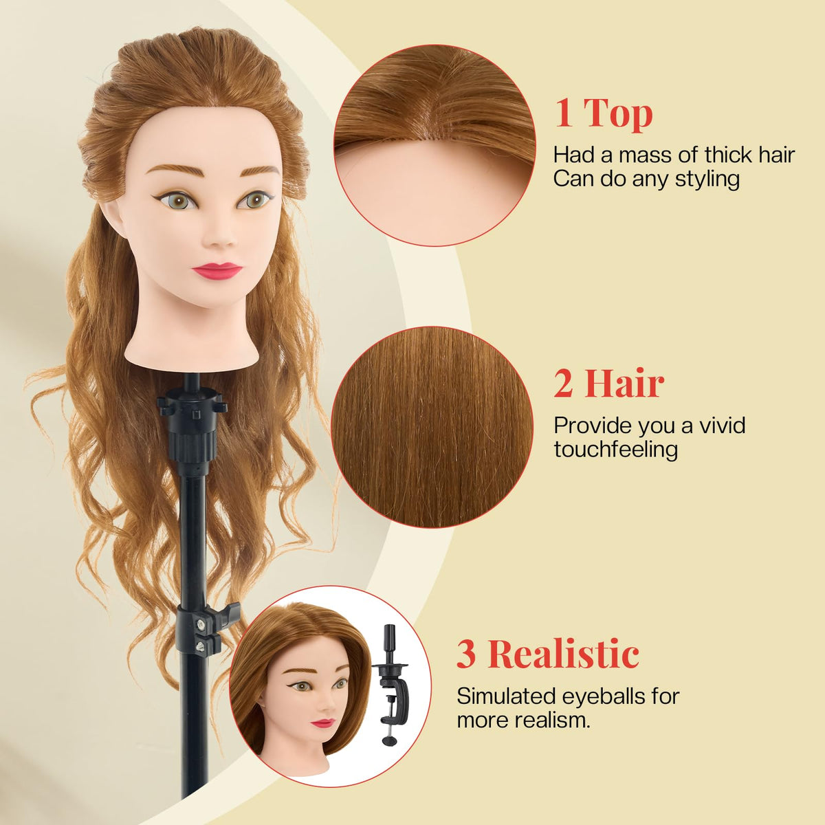 Neverland mannequin head for curling and styling demonstrations with heat-safe hair.