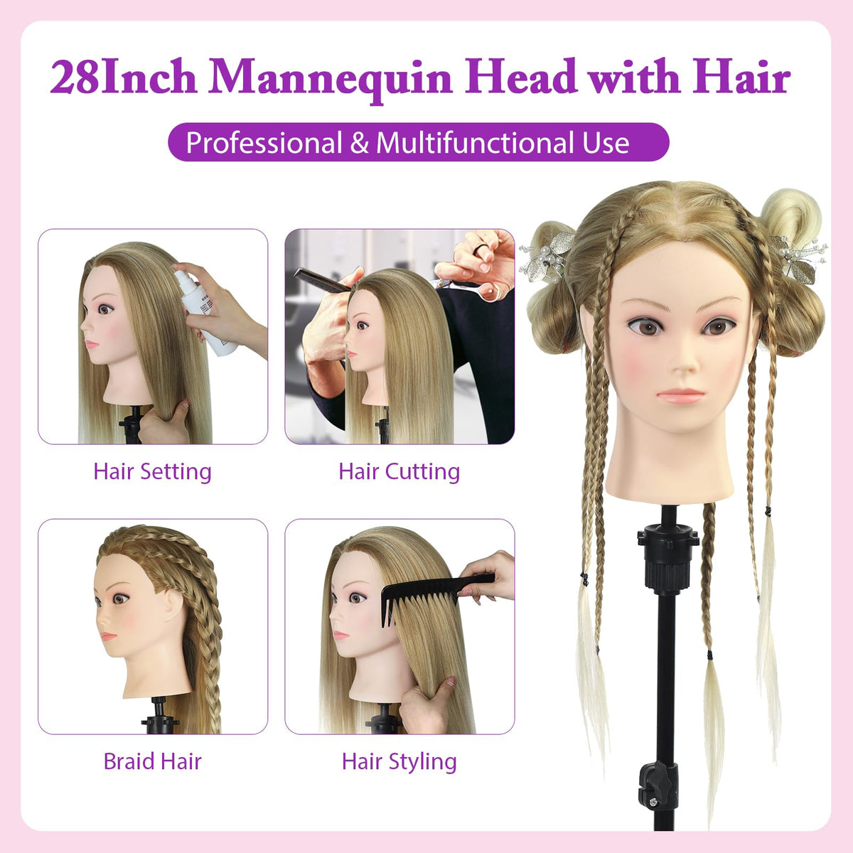Neverland mannequin head on adjustable tripod for versatile styling angles.
