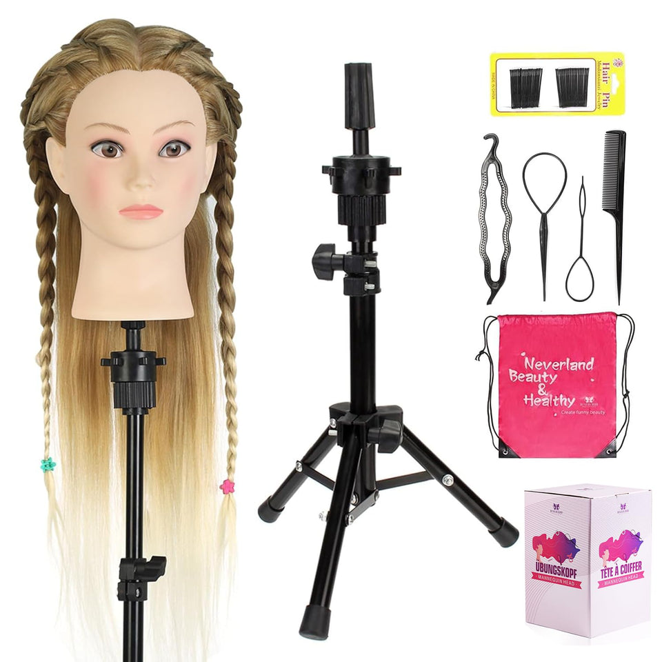 Neverland mannequin head with hair on tripod stand for styling practice.