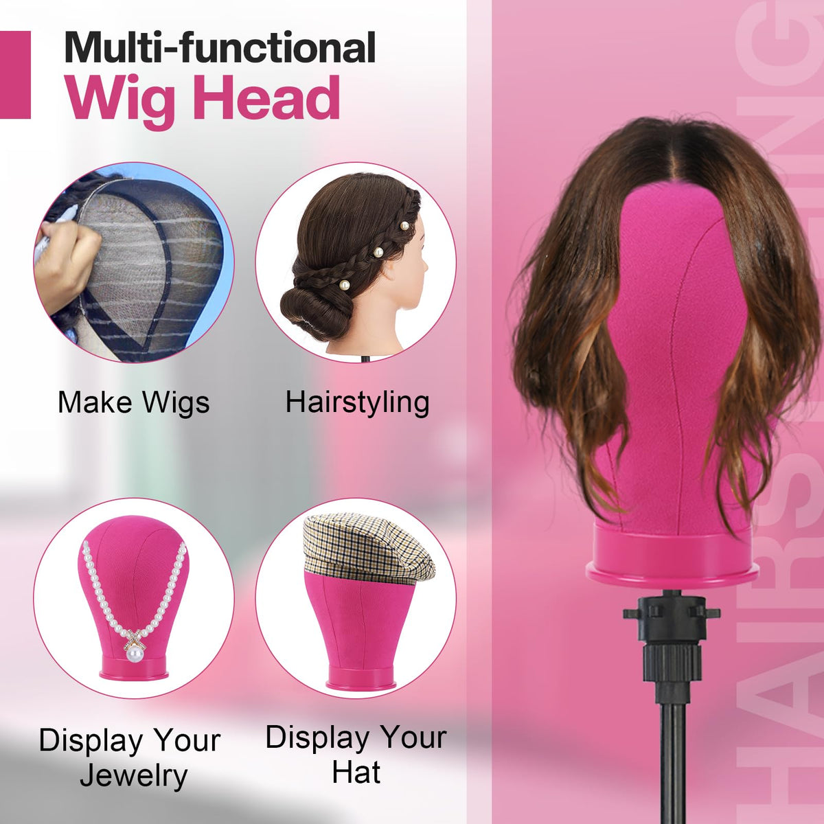Neverland pins, brush and clips support precise wig construction and shaping.