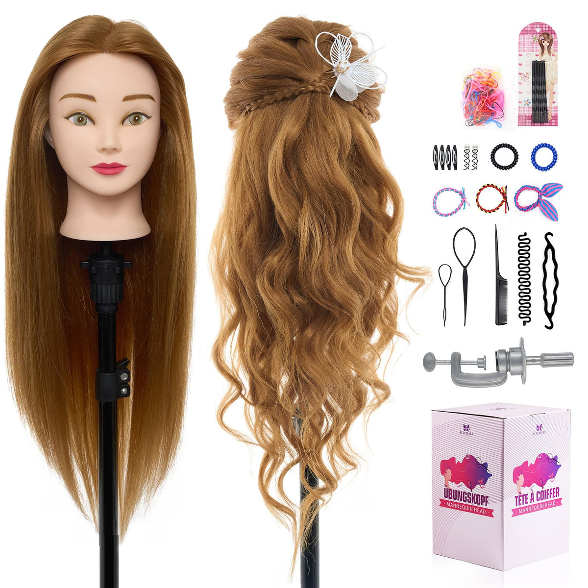 Neverland Real Hair Mannequin Head with 80% hair for lifelike braiding practice.
