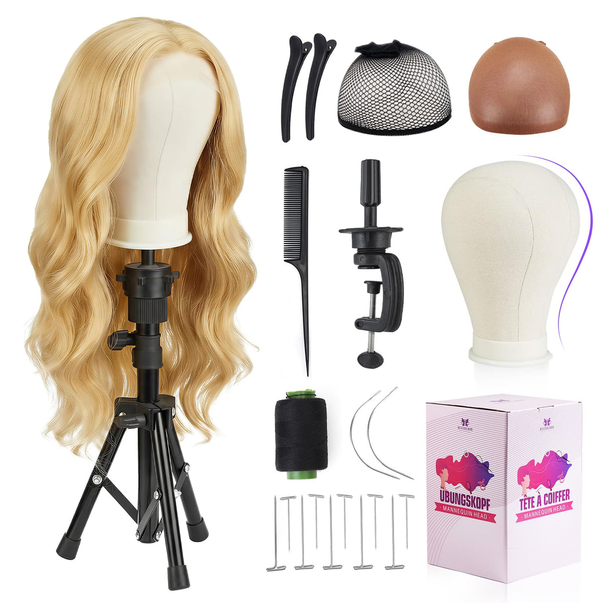 Neverland Wig Head Stand 23In with canvas head for accurate wig shaping and display.