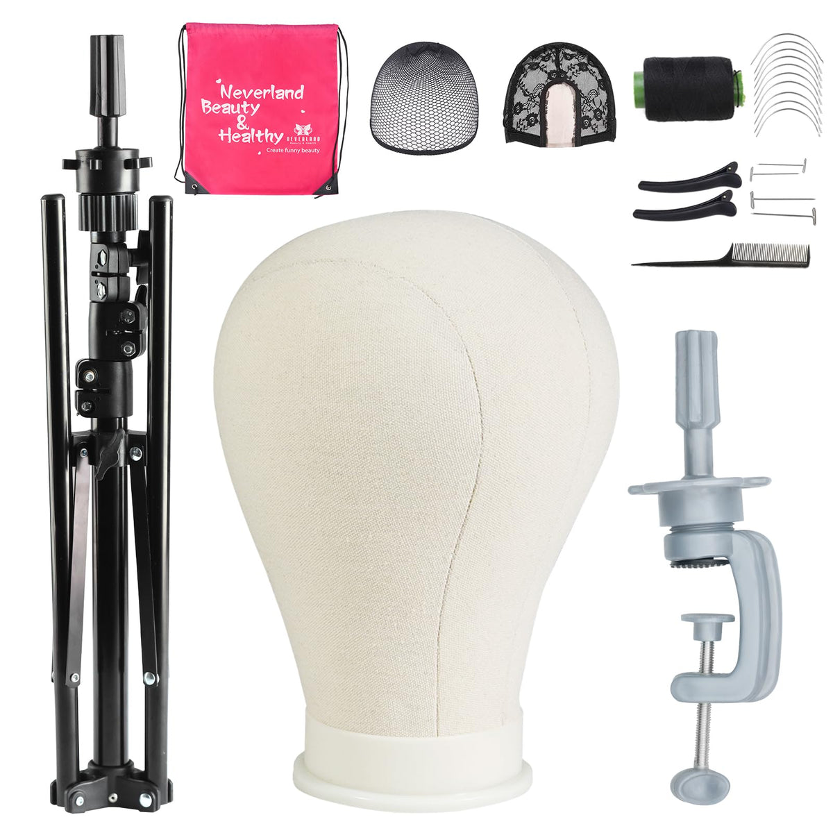 Neverland wig head stand with canvas exterior supports durable styling