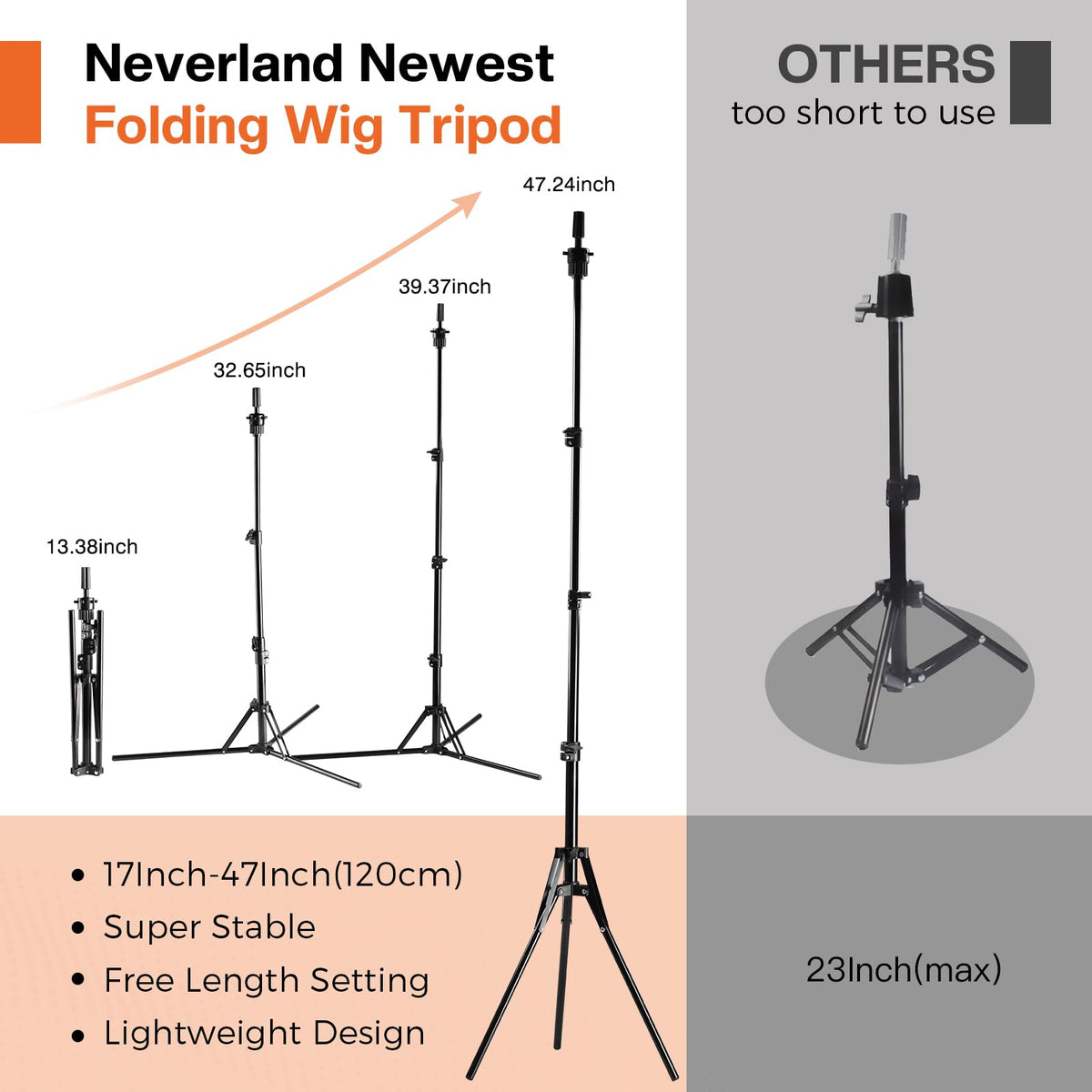 Neverland wig stand tripod shows adjustable height up to 47 inches