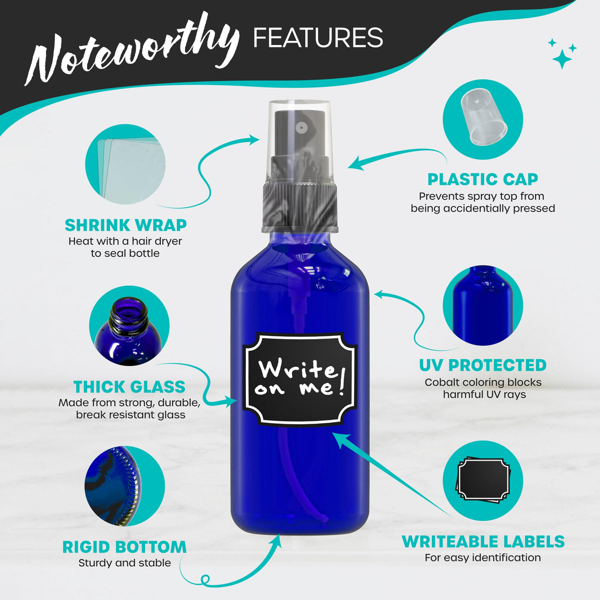 Nevlers 2 oz blue glass bottle mist nozzle detail showing clog-free performance