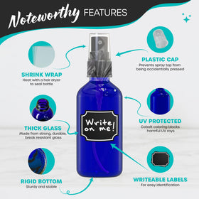 Nevlers 2 oz blue glass bottle mist nozzle detail showing clog-free performance