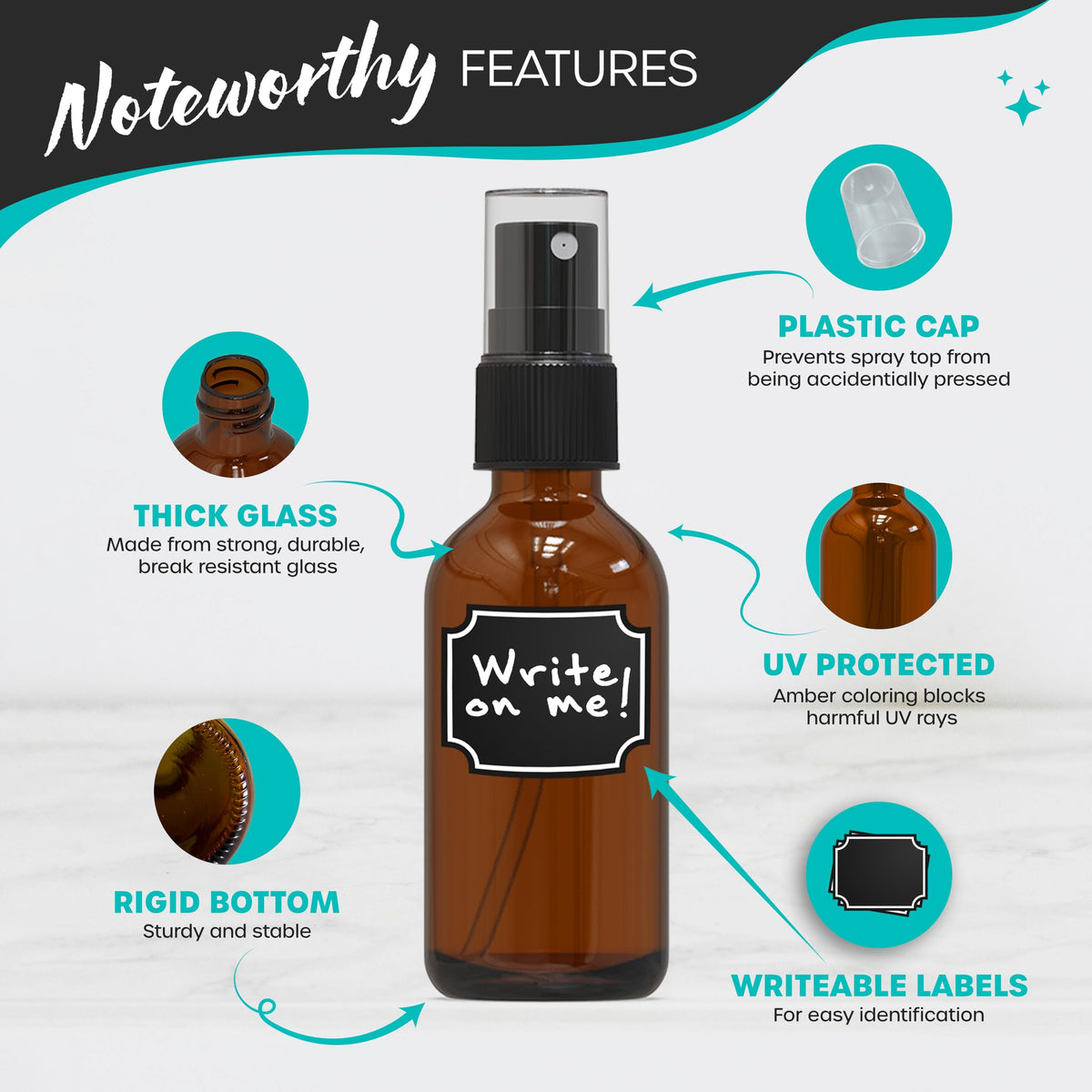 Nevlers amber glass spray bottle nozzle detail shows precise mist control