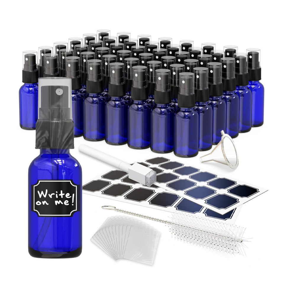 Nevlers blue glass spray bottle 1oz 48-pack on display for travel and refills.